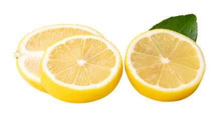 Top view set of ripe yellow lemon fruit or slices in two circles and one oval shape with green leaf in stack isolated on white background with clipping path