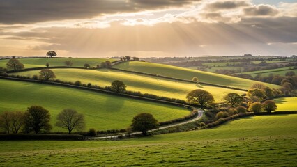 Golden sunlight streams over rolling green hills and a winding country road, creating a tranquil and picturesque rural scene