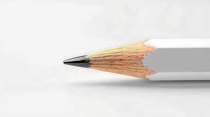 Sharp graphite pencil tip close up with textured wood and white painted hexagonal body creating minimal creative stationery scene, focused and calm