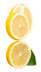 Top view set of ripe yellow lemon fruit or slices in two circles and one oval shape with green leaf in stack isolated with clipping path in png file format