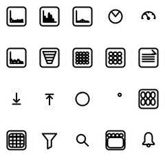 Analytics & metrics for roles and permissions (charts, KPIs, funnels, reports) UI icon set - rounded outline SVG sheet (20 icons)