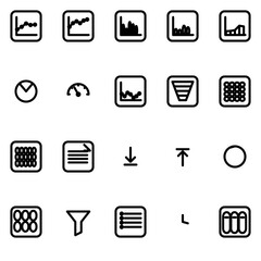 Analytics & reporting metrics UI icon set - rounded outline SVG sheet (20 icons)