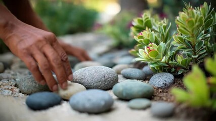 Closeup of hands arranging smooth stone pet markers in a serene garden setting symbolizing enduring tribute through durable elegant materials.