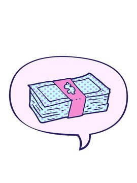 bobbing motion animation of cartoon stack of cash with speech bubble in comic book style
