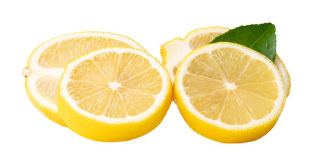 Front view of ripe yellow lemon fruit in slices in two circles and two oval shapes with green leaf in stack isolated with clipping path in png file format