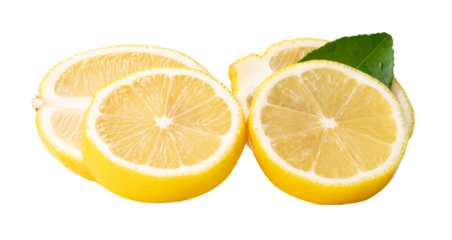 Front view of ripe yellow lemon fruit in slices in two circles and two oval shapes with green leaf in stack isolated with clipping path in png file format