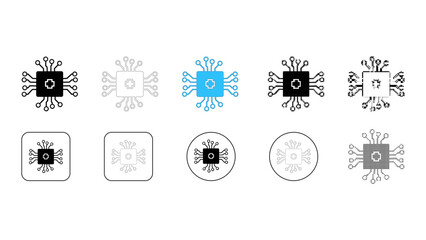 Set of microchip icons, processor icons, cpu icons, electronic circuit board components in various styles and colors