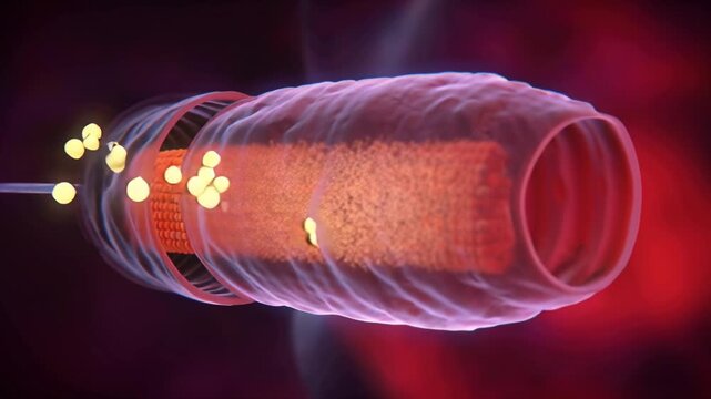 Macro 3D cross-section liposome, lipid bilayer encasing nanoparticles molecules, molecules interacting, docking, diffusing, cinematic glowing highlights internal lighting microscopic animation, 4K