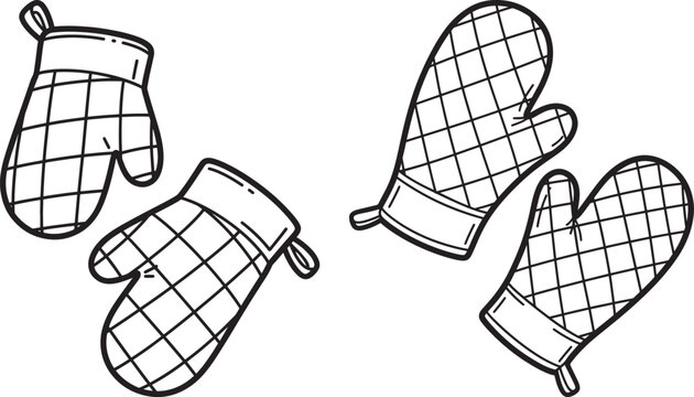 Quilted kitchen oven mitts for cooking and baking line art vector illustration set for coloring book