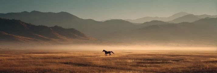 Lone Horse Amidst Mountains: Silhouette of a horse is seen gallops across a vast, golden plain under a hazy sky, with the imposing silhouette of mountains rising in the distance.