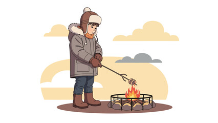 Young Boy Roasting Marshmallow On Campfire In Winter Clothes Minimalist Vector