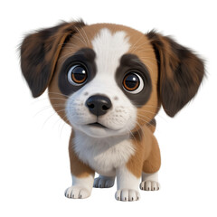 Cute brown and white puppy with fluffy coat floppy ears and expressive eyes sitting isolated on white background illustration