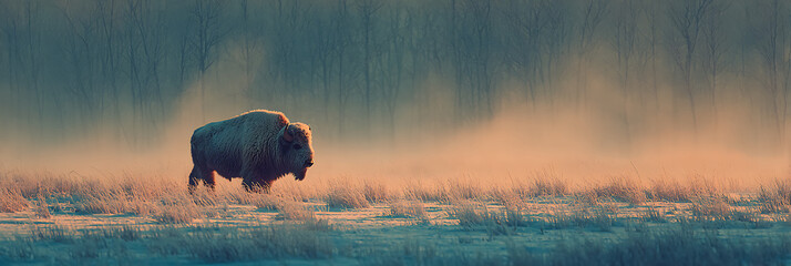 Wild Bison in Natural Habitat: A solitary bison strides confidently through a serene prairie landscape, a testament to the untamed beauty of the wilderness. It is an image of resilience, survival.