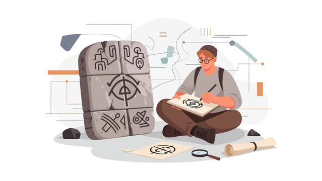 Young Explorer Deciphering Ancient Hieroglyphs And Documenting Archeological Discovery