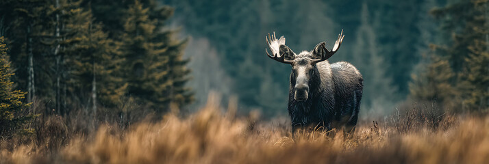 Majestic Moose in Wilderness: A regal moose with magnificent antlers stands tall amidst a serene wilderness landscape, gazing directly at the viewer with an air of untamed majesty.
