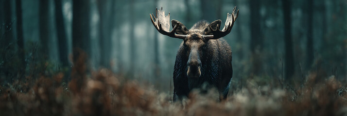 Majestic Moose in Forest: A massive moose with impressive antlers strides purposefully through the misty depths of an ancient forest, an iconic symbol of the wilderness.