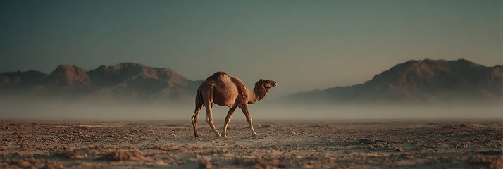 Desert Solitude: A solitary camel traverses the vast, arid expanse of the desert, silhouetted against a majestic mountain range under a serene, dusky sky, depicting a scene of resilience.