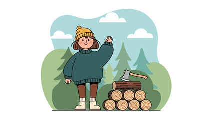 Young Woman Lumberjack Waving Hello In Forest Landscape Background Cartoon