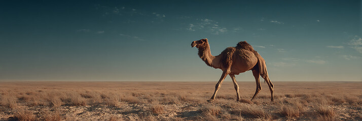 Desert Nomad's Journey: A lone camel traversing the endless expanse of a sun-scorched desert, a poignant portrait of resilience and adventure.