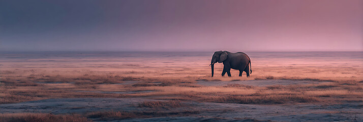 Solitary Elephant in the Wilderness: A lone elephant strides purposefully across a vast savanna landscape, its silhouette set against a dramatic sky.