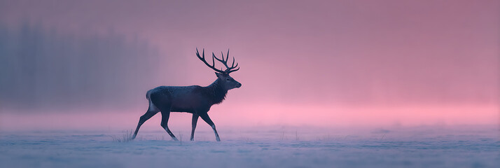 Majestic Silhouette: A regal stag strides confidently through a misty dawn landscape, his silhouette set against a vibrant, rose-colored sky, exuding a sense of grandeur and wilderness.