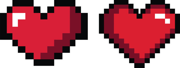Red Pixel Art Heart Vector Icons Set. Retro 8-Bit Video Game Style Health and Love Symbol