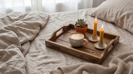 wooden tray with latte cup, succulent and burning beeswax candles on beige linen bed sheets. cozy morning breakfast. hygge lifestyle concept. website header, banner with copy space.