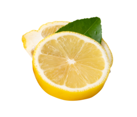 Top view of ripe yellow lemon fruit in  ellipse half and circle slice with green lemon leaf in stack isolated with clipping path in png file format