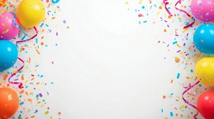 Colorful balloons and confetti celebrate a birthday party with a vibrant paint splash and paper art illustration on a blue sky background vector design