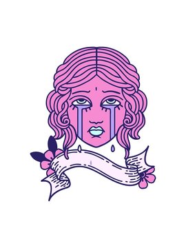splitting motion animation of traditional tattoo with banner of female face crying