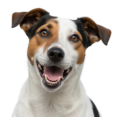 Cute tricolor dog with upright ears and expressive eyes wearing glasses isolated on white background in cartoon illustration