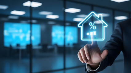Business finance concept person interacting with virtual house icon representing mortgage or real estate investment opportunities