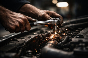 Close-up of a mechanic's hands using a wrench to repair a car engine, generating bright sparks during maintenance.