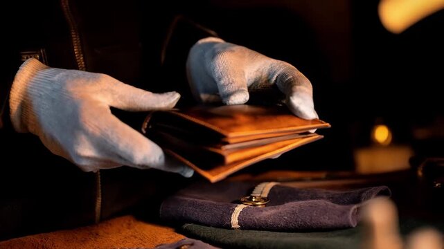 Closeup of hands meticulously edge polishing a leather wallet enhancing smoothness and finish with natural biodegradable materials.