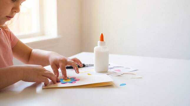 caucasian child girl making greeting card with paper flower and glue. easter crafts diy. art education and creativity concept. banner, website header with copy space.