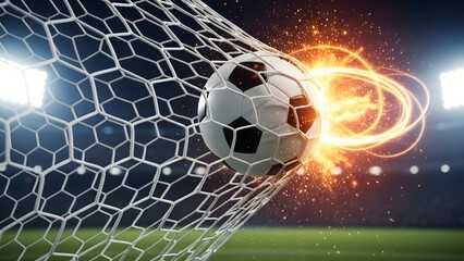 Soccer ball hitting the goal net with fiery energy effect symbolizing victory and powerful scoring.