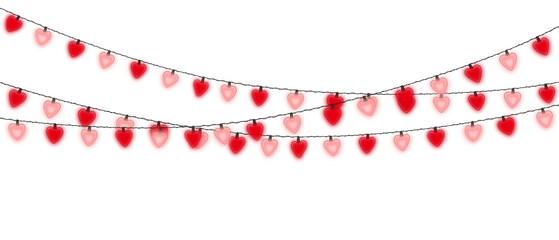 Hand drawn valentine heart string lights garland on transparent background. Alternating pink and red heart-shaped ornaments. For romantic event invitations, Valentine’s Day marketing, wedding. Border. © Iryna