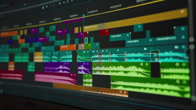 Video editing on a computer. Monitor the computer and capture the work of the program for video editing: the fragments are connected together. Video processing, postproduction, clip maker