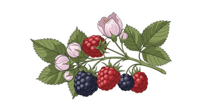 Lush branch of mixed berries including red raspberries and dark blackberries with flowers and leaves in a detailed style.