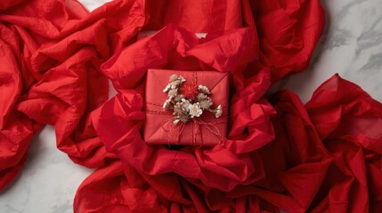 Gift presentation indoor setting gift box on red fabric cozy environment aesthetic concept