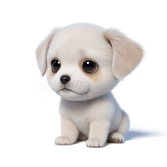 Adorable white puppy with floppy ears and expressive dark eyes sitting isolated on white background in cute cartoon illustration