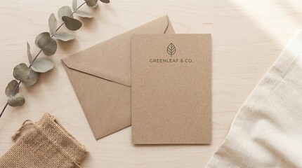 Eco-friendly stationery display featuring a textured kraft paper blank card, matching envelope, and fresh eucalyptus sprig on a wooden surface, highlighting sustainable and natural branding