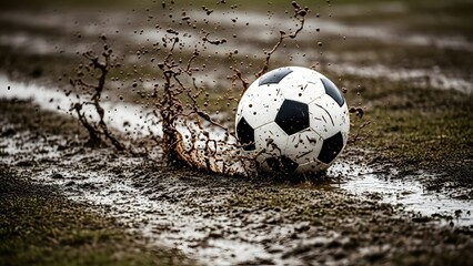 Soccer ball on a muddy football field representing tough conditions and intense competition.