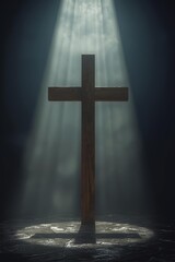 Wooden Christian cross illuminated by soft divine light rays, spiritual and peaceful religious symbolism.