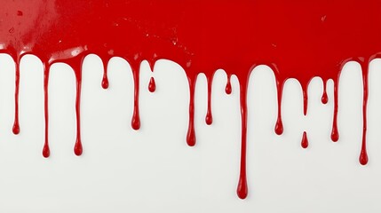 Thick red paint dripping downward with natural splashes and gravity-driven streaks on white background, high detail realism.
