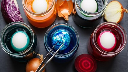 Easter Egg Dyeing: An overhead shot showcases the art of naturally dyeing Easter eggs, with vibrant colors emerging from vegetables and onion skins within glass jars.