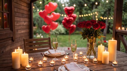 romantic dinner setting with red roses, candles and champagne on wooden patio. heart balloons in garden. valentine's day date. anniversary celebration. website header, banner.