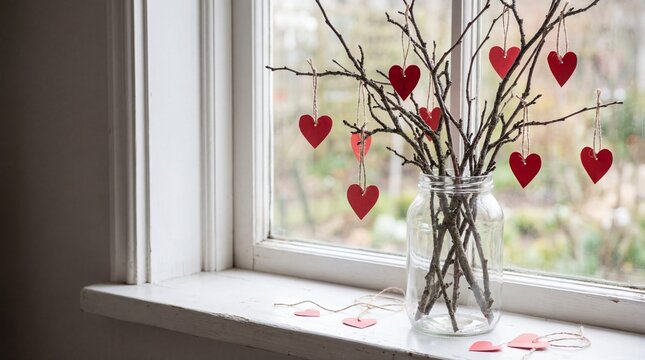 red paper hearts hanging on tree branches in glass jar on white windowsill. st valentine day decoration. romantic home interior. banner, website header with copyspace.