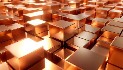 Abstract background of many shiny copper cubes arranged in a grid pattern,A close-up view of numerous metallic copper cubes with a reflective surface, forming an abstract geometric pattern