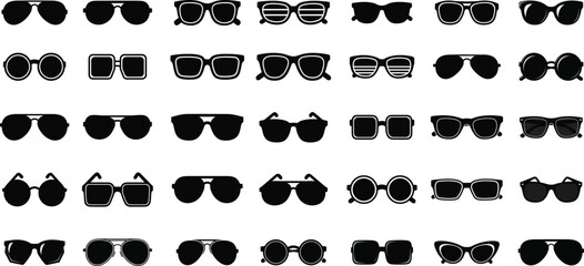 A comprehensive collection of various stylish sunglasses and eyeglasses silhouettes showcasing diverse fashion accessories